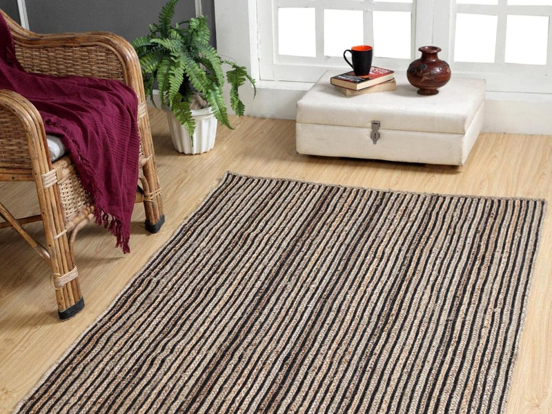 Natural jute carpet showing woven texture in a living room