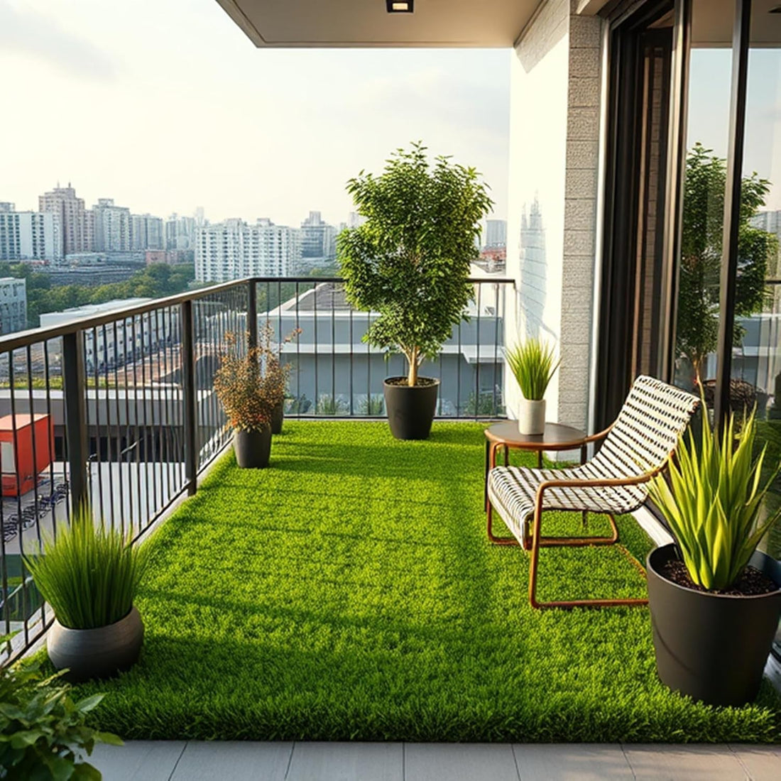 High density artificial grass carpet laid on a balcony floor