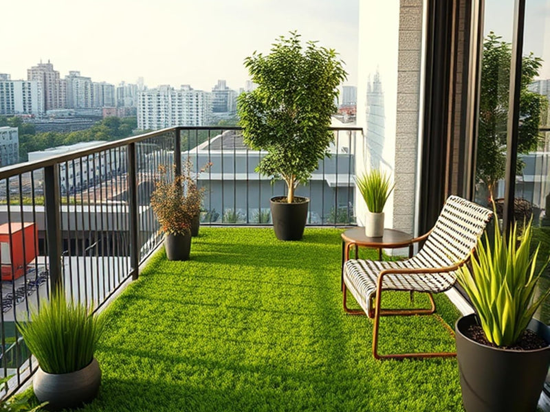 High density artificial grass carpet laid on a balcony floor