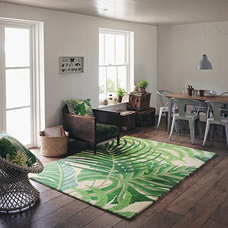 Hand Tufted Modern Design Wool Carpet for Living Room, Bedroom, Drawing Room and Hall  - Ivory & green leafy